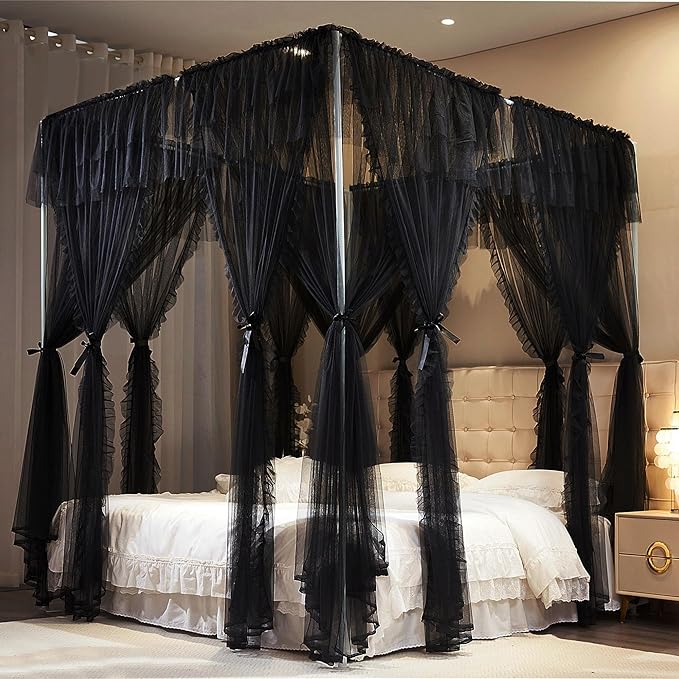 4 Corners Post Princess Curtains Bed Canopy for Girls 8 Panels Curtain- Double Layer Sheer Mesh Canopies Drapes Girls Room Decor (8P-Black/Black, 4P(27"x82") W+4P(40"x82") L/(Full))