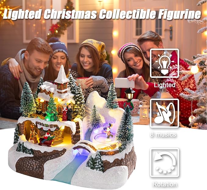 Vigdur Christmas Village Houses - Animated Christmas Village with Colorful Lights & 8 Xmas Music Battery Powered Xmas Collectible Buildings for Home Tabletop Gift
