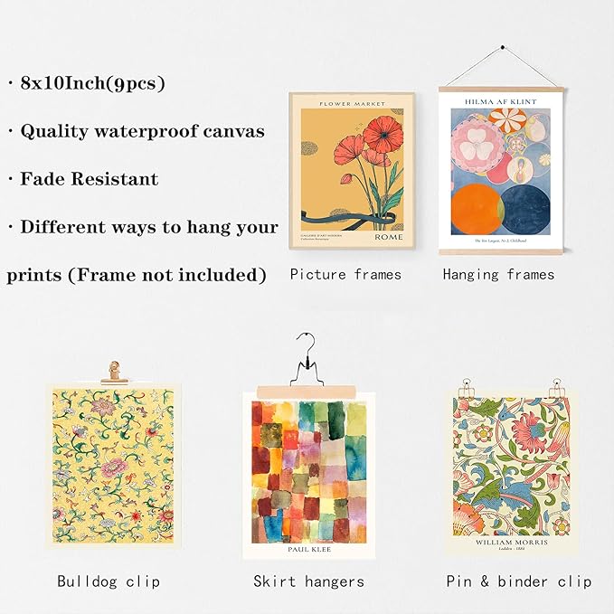 KBKBART Colorful Eclectic Wall Art Prints, 9 PCS Vintage Eclectic Wall Decor Matisse William Morris Flower Market Maximalist Home Decor, Trendy Maximalism Famous Artist Painting Pictures for