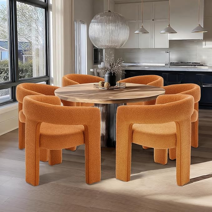 Orange Sherpa Dining Chairs Set of 4, Modern Barrel Dining Room Chairs Upholstered Faux Fur Accent Chair with Arms and Round Back for Living Room Kitchen Armchair No Assembly Needed