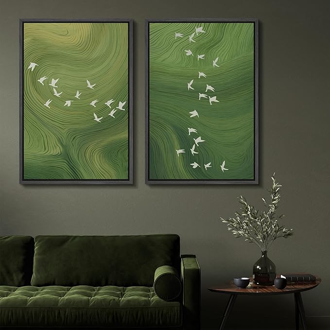 SIGNFORD Framed Canvas Print Wall Art Set Green Swirl Abstract White Birds Illustration Modern Art Decorative Nordic Nature for Living Room, Bedroom, Office - 24"x36"x2 Black