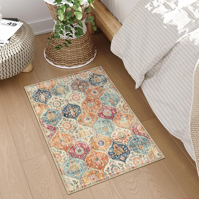 Lahome Moroccan Trellis Washable Rug, 2x3 Kitchen Rugs for Entryway Bathroom, Non-Slip Indoor Door Mat Ultra-Thin, Small Oriental Throw Carpet for Bedroom Entry, Cream/Multi