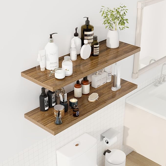 Dreamland 40" Floating Shelves for Wall, 12" Deep Slim Walnut Floating Shelves, Wall-Mounted Shelves for Bedroom, Living Room, Kitchen, Bathroom - Set of 2