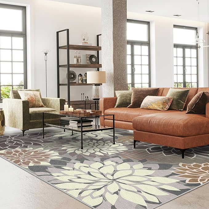 Indoor Outdoor Area Rug Washable Multicolored Patio Rug Tropical Botanical Modern Floral Indoor Outdoor Carpet Brown White Rug Non Slip Non Shedding for Patio, Deck, Backyard, Porch (9x12)