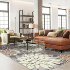 Indoor Outdoor Area Rug Washable Multicolored Patio Rug Tropical Botanical Modern Floral Indoor Outdoor Carpet Brown White Rug Non Slip Non Shedding for Patio, Deck, Backyard, Porch (9x12)