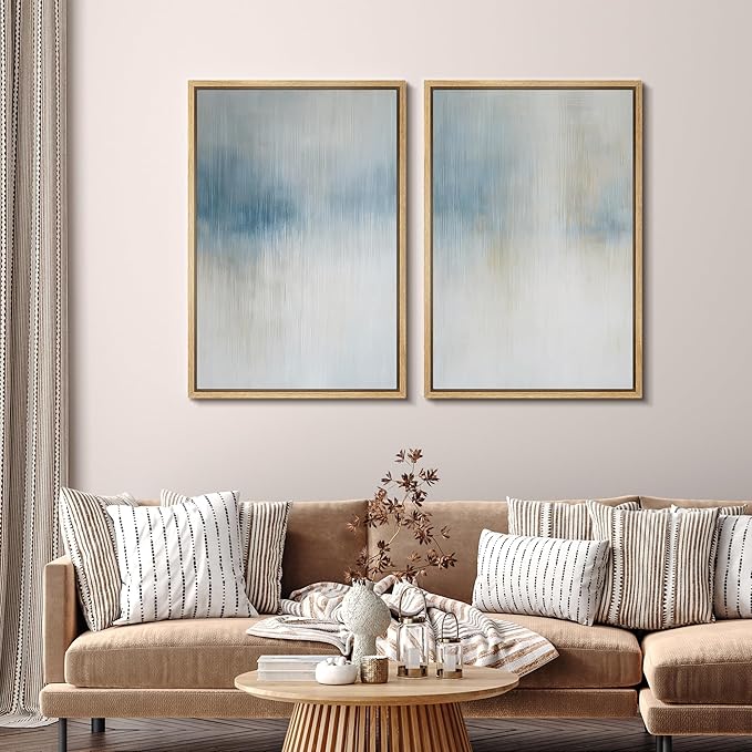 SIGNFORD Framed Canvas Print Wall Art Set Blue and Beige Abstract Modern Neutral Vertical Illustration Modern Art Decorative Nordic Nature for Living Room, Bedroom, Office - 16"x24"x2 Natural