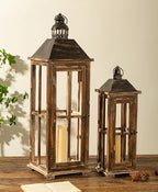 Large Farmhouse Wooden Decorative Lantern Set of 2, Rustic Distressed Brown Burnt Wood Floor Candle Lanterns, Indoor/Outdoor Hanging Lanterns for Home Decor (No Glass)