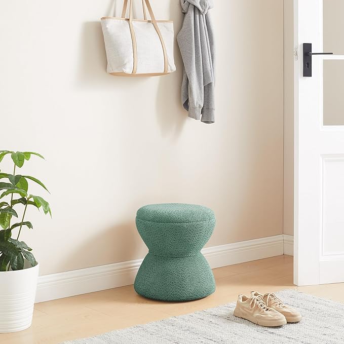 VANOMi Multi-Functional Boucle Ottoman, Vanity Stool Chair, Sturdy Wooden Footstool, Suitable for Living Room, Bedroom, and Entryway, Without Installation, Green