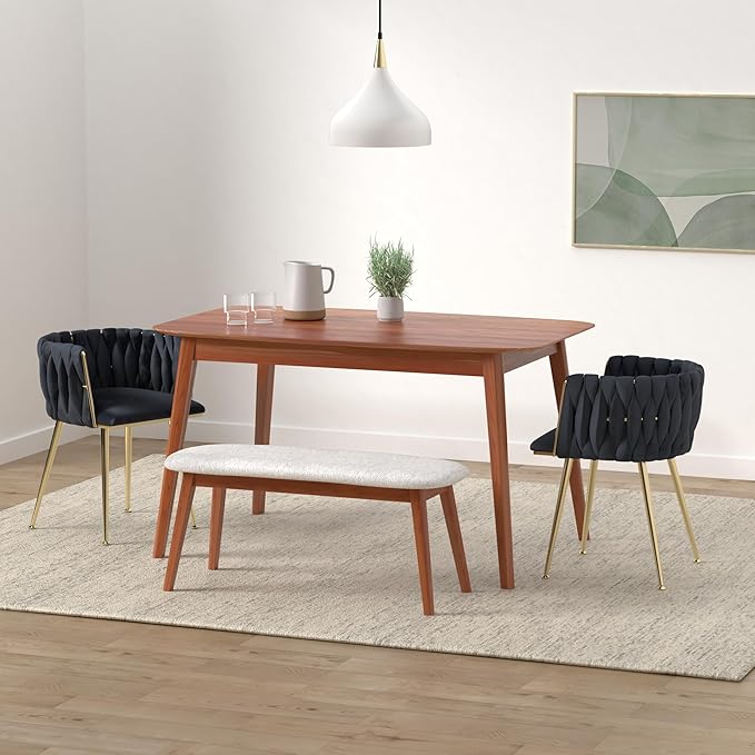 Nrizc Woven Dining Chairs Set of 4, Velvet Upholstered Dining Chairs with Gold Metal Legs, Modern Accent Chairs for Living Room, Dining Room, Kitchen (Black)