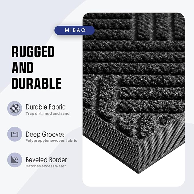 Mibao Front Door Mat Outside Entrance, Durable Outdoor Indoor Mat, Low Profile Heavy Duty Doormat, Non-Slip, Traps Dirt and Moisture, Easy Clean Patio Porch Entryway Mat, 17" x 29.5", Grey