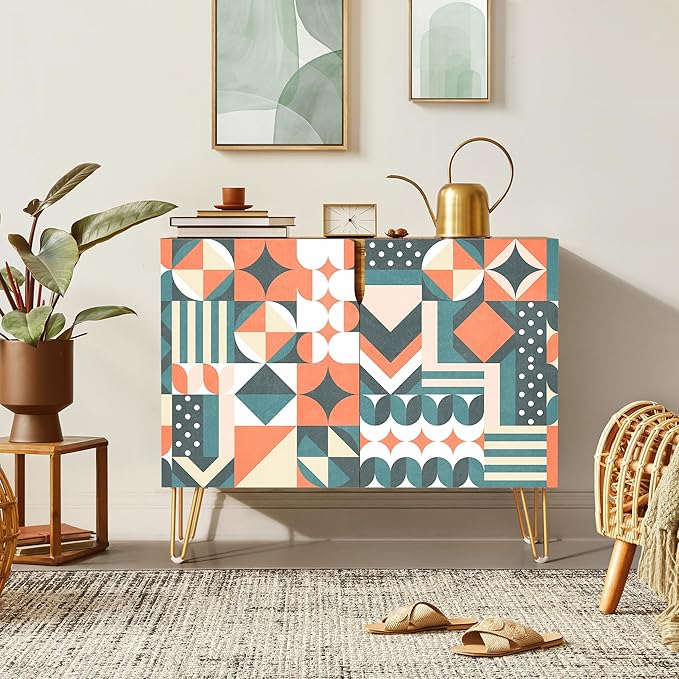 SIGNWIN Sideboard Buffet Cabinet, Kitchen Storage Cabinet with 2 Doors, Orange & Teal Star Circle, Cupboard Console Table for Dining Room - 35" L x 18" W x 29" H