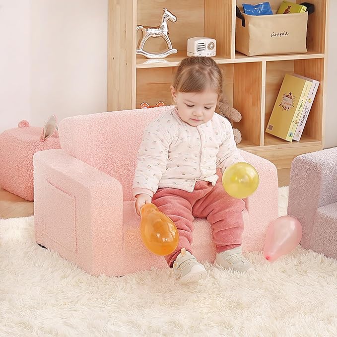 2-in-1 Toddler Chair Sherpa Couch - Soft Kids Lounger for Bedroom, Convertible Sofa for Girls and Boys, Reading Chair, Pink