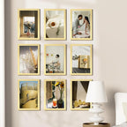 Vittanly 8x12 Picture Frames Set of 9, Shatter Resistant Plexiglass, Display 6x8 Pictures with Mat or 8x12 without Mat, Photo Frames for Wall or Tabletop, Engineered Wood, Gold