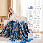 Fall Throw Blanket for Couch, Blue Boho Decorative Throw Blanket, 100% Cotton Muslin Breathable Woven Farmhouse Blankets Quilt, 80"x90" Reversible Lightweight Blankets Bohemian Throw Quilt