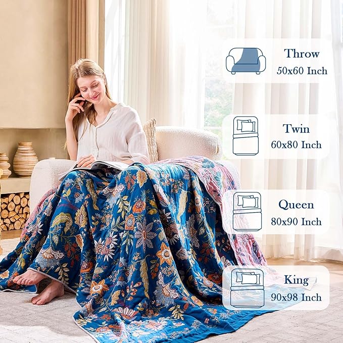 Fall Throw Blanket for Couch, Blue Boho Decorative Throw Blanket, 100% Cotton Muslin Breathable Woven Farmhouse Blankets Quilt, 80"x90" Reversible Lightweight Blankets Bohemian Throw Quilt