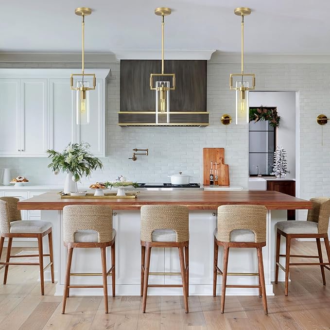 Brass Pendant Lights Kitchen Island, Modern Gold Pendant Lights 2 Pack,12Inch Glass Knurled Kitchen Pendant Lighting Over Island,Farmhouse Island Lights For Kitchen Sink,Bathroom,Bedroom,Dinning Table