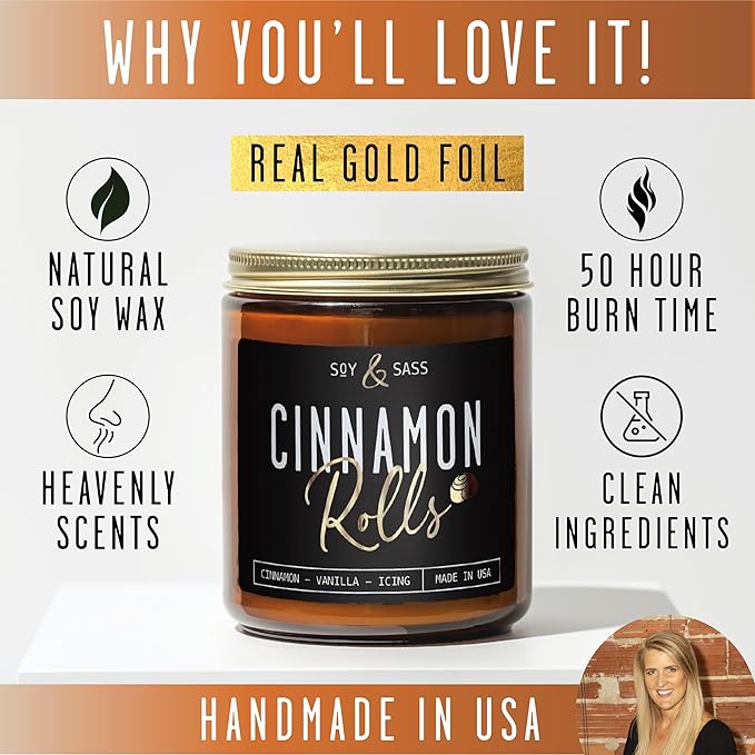 Cinnamon Candle, Fall Candles, Christmas Candles - 'Cinnamon Rolls' Autumn Scented Soy Candle for Home, 9oz Reusable Jar, 50Hr Burn, Made in USA