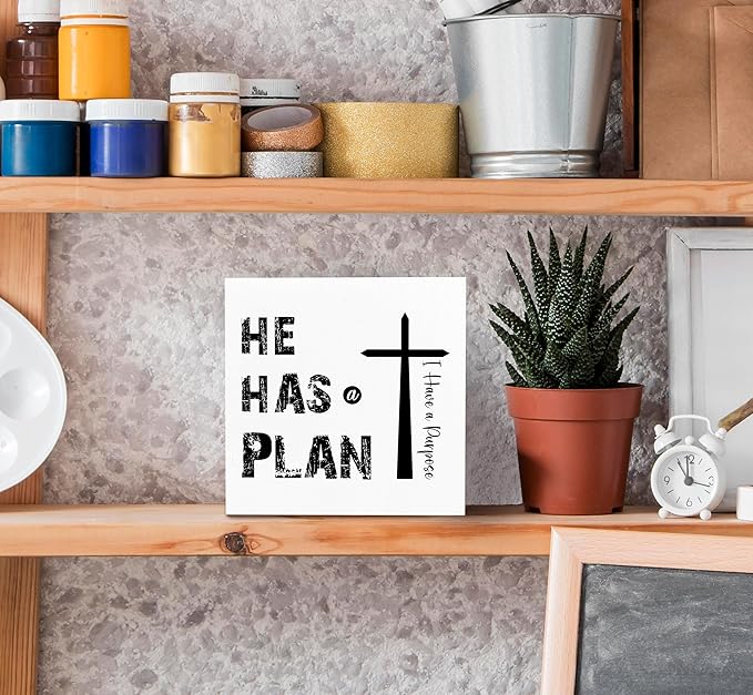 SRADMO He Has a Plan Jesus Wood Box Sign Desk Decor, Bible Verse Decor, Christian Theme Wooden Block Box Sign Decoration for Home Office Shelf Table Decors