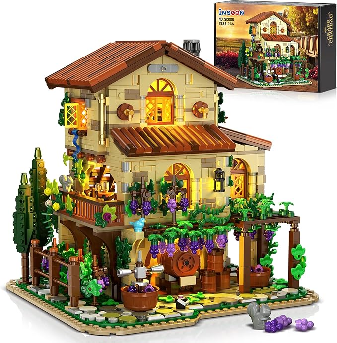 Winery Chateau House Building Set with Lights, Vineyard Castle Construction Model Home Decor, 1826 PCS Vine Estate Autumn Cabin Building Block Kit, Birthday Gift for Adults Teens Boys Girls