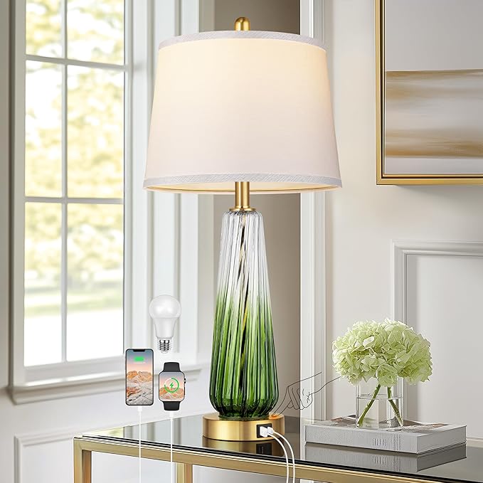 Glass Table Lamps for Living Room, Modern Bedside Lamps with USB A+C Ports, 3-Way Dimmable Touch Control Nightstand Lamp with White Linen Shade, 27.5" Large Lamps for Bedrooms Decor, Green, 1 Pack