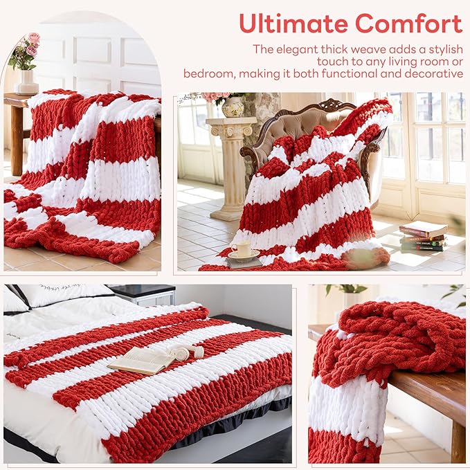 Chunky Knit Blanket - Luxury Soft Cozy 50 * 60 Throw Blanket,100% Woven Blanket Rope Knot Throw Blanket for Couch, Sofa, Home Decor, Gift - Machine Washable（White/Wine red）