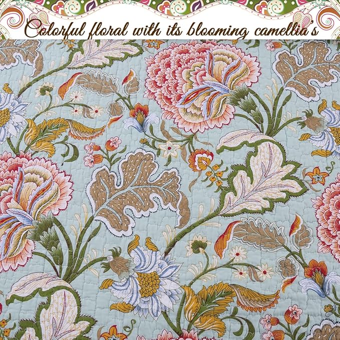 Cozy Line Home Fashions Blooming Red White Floral 100% Cotton Reversible Quilt Bedding Set, Coverlet Bedspread (Camellia Green, Queen - 3 Piece)