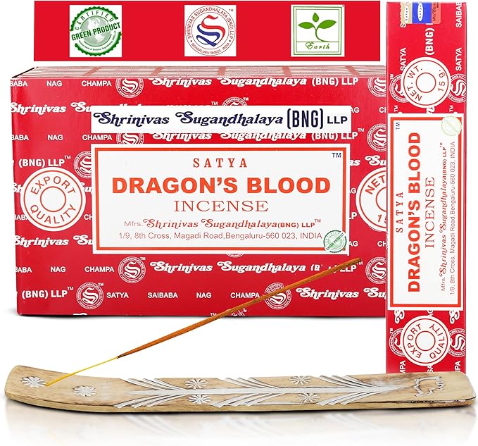Satya Dragon Blood Incense Sticks, Satya Bng (Bangalore) Insenses 15gmx12 Pack with Raajsee Incense Holder Bundle, Satya Nag Champa Natural Incense