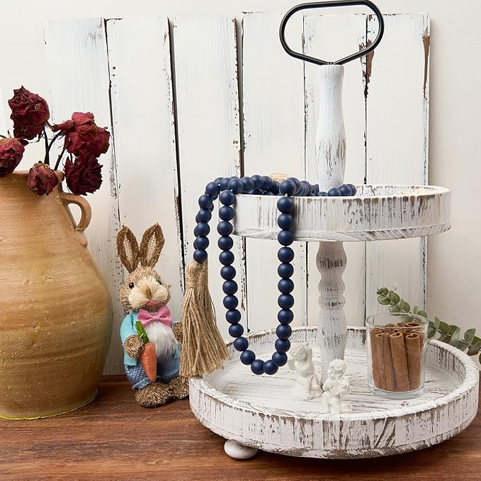 OMISHE 59in Wood Bead Garland with Tassels, Decorative Beads, Farmhouse Wooden Beads Garland for Wall Hanging Home Festival Decor, Navy Blue