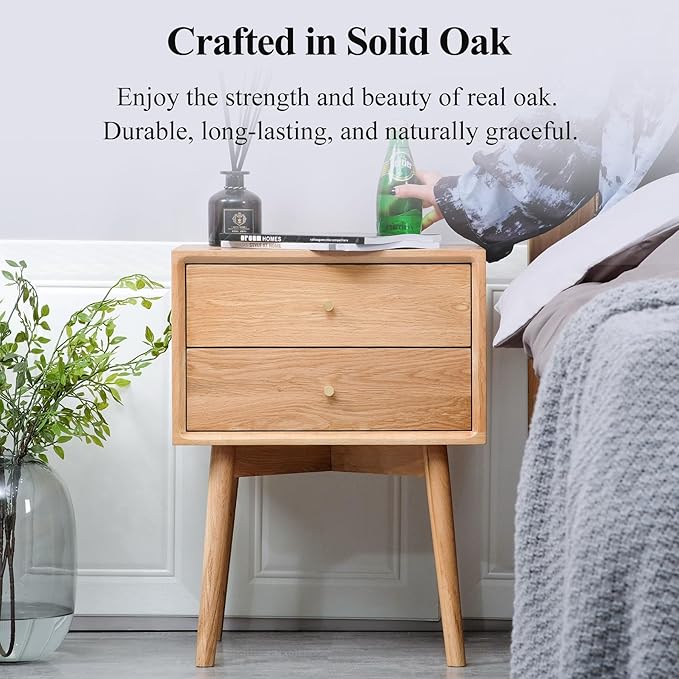 Night Stand, Midcentury Modern Solid Wood Nightstand with Drawer, Durable Sturdy Tall Bedside Tables with High Stool Leg, 17.72 W x 13.78 D x 23.63 H Inches (Natural)