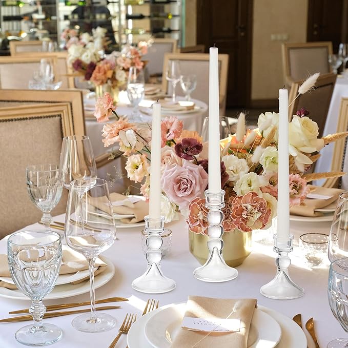 Mumufy 24 Pack Glass Taper Candle Holders Clear Candlestick Holder Fit 0.8 Inch Candles 4'' 6'' 8'' Tall Crystal Decorative Candlestick Stand Centerpiece for Table Wedding Dining Party (Glossy)