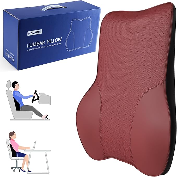 Soft Lumbar Pillow for Office Chair and Car Seat Back Support Pillow for Truck Driver's Seat, Back Cushion for Pain Relief Improve Posture (Leather-Wine Red)