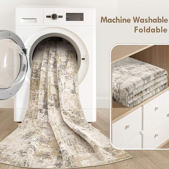 Tortania Washable 10x14 Area Rug for Living Room: Modern Abstract Neutral Large Soft Thin Rugs - Non Slip Indoor Carpet for Bedroom Dining Room Office Nursery Home Floor Decoration - Beige/Brown/Gray