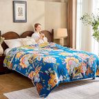 Boho Throw Blanket, Blue Lightweight Blankets for Summer, 100% Cotton Bohemian Decorative Throw Blanket, 80"x90" Reversible Muslin Breathable Woven Farmhouse Blankets Quilt,