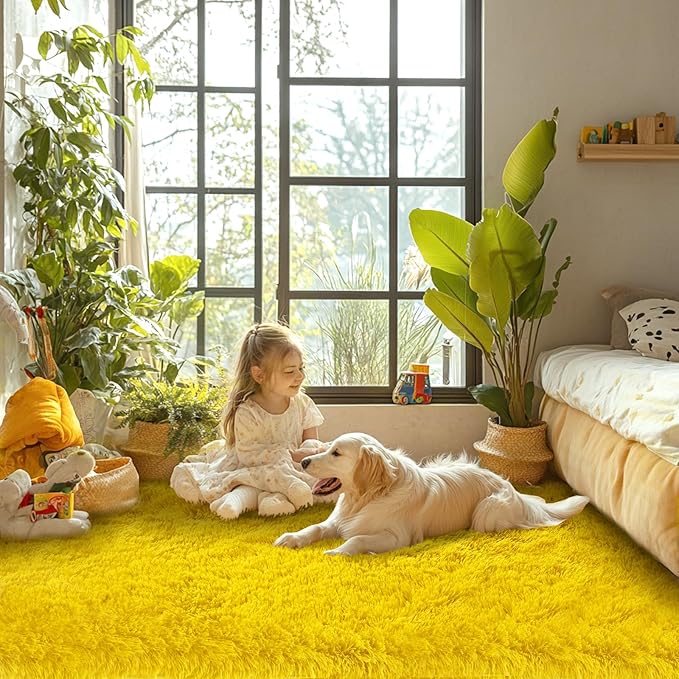 Yellow Living Room Area Rug 5x7: Fluffy Rugs for Kids Room - Shaggy Soft Cozy Carpet for Girls Bedroom Home Decor (Yellow,5x7 Feet)