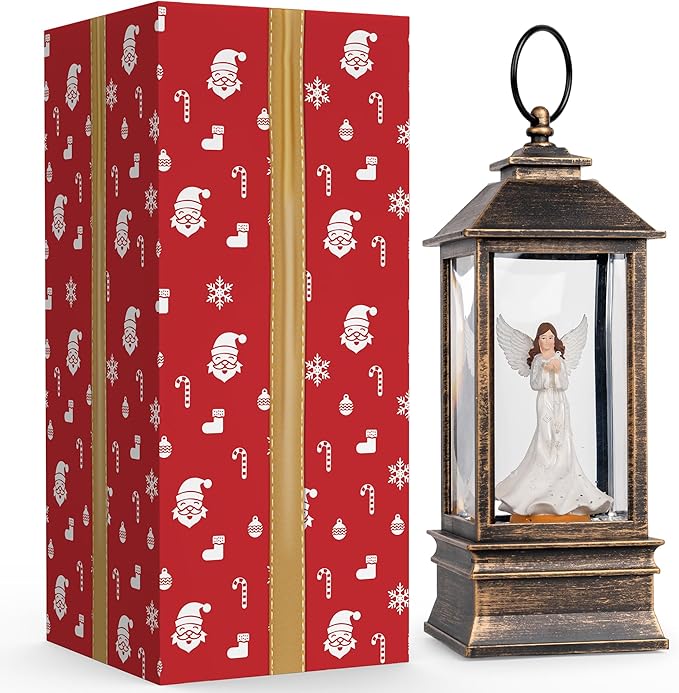 10'' Musical Snow Globe Lantern Lighted Angel with Dove Water Lantern Swirling Glittering Home Decoration and Gift, Battery Operated or USB Powered