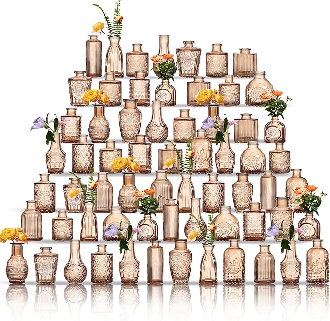 Glass Bud Vases Set of 64 - Amber Assorted Small Mini Glass Vases for Flowers, Crystal Vintage Vase Set, Bulk Centerpieces for Table Décor, Wedding, Home and Events (Amber, 64 Pcs)