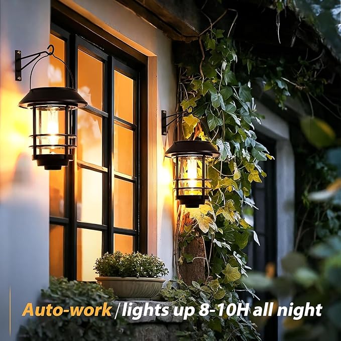 Otdair Solar Lanterns Outdoor Waterproof 2 Pack, Auto On/Off Hanging Solar Lights for Outside with Wall Mount, Glass Outdoor Lighting Outdoor Decorative for Wall, Front Porch, Yard, Garden, Fence