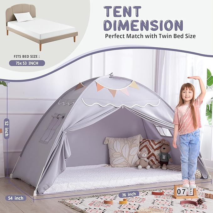 Sumbababy Toddler Bed Tent Canopy: Lights & Flags Indoor Floor Bed Kids Tent Playhouse - Foldable Twin Bunk Bed Curtains - Girls & Boys Bedroom Privacy Space Sleeping Tents Gifts (Large Gray)