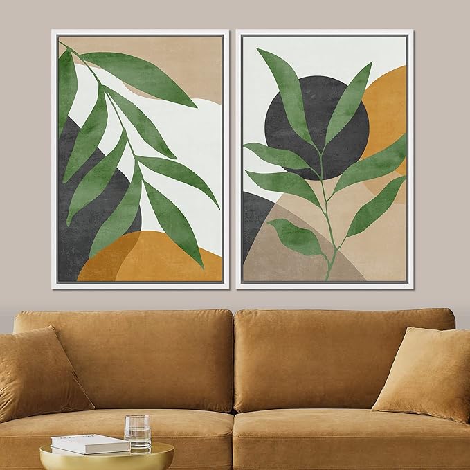 SIGNFORD Framed Canvas Print Wall Art Set Geometric Mid-Century Plant Collage Abstract Shapes Illustration Modern Art Decorative Nordic Nature for Living Room, Bedroom, Office - 24"x36"x2 White