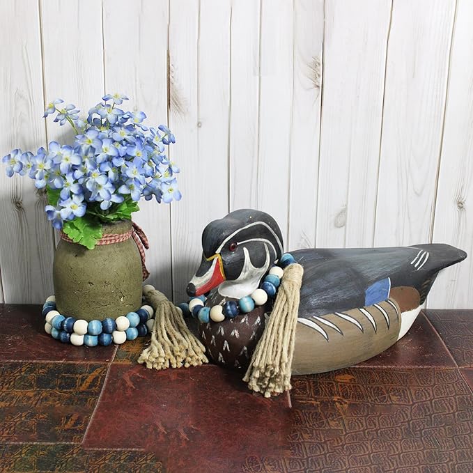 CVHOMEDECO. Wood Beads Garland with Tassels Farmhouse Rustic Wooden Prayer Bead String Wall Hanging Accent for Home Festival Decor. Blue Mix Distressed