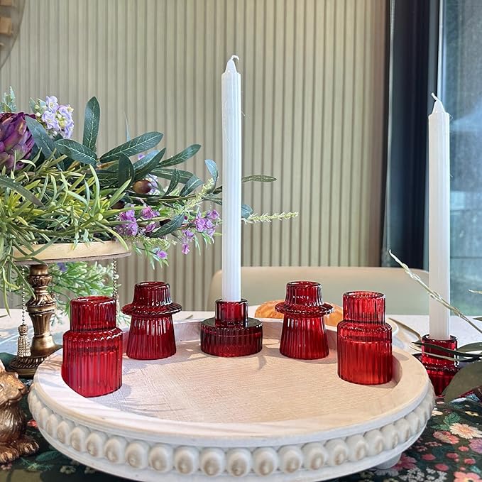 Double Sided Vintage Ribbed Taper Glass Candle Holders,Tea Candle Holder for Table Centerpieces, Wedding Decorations and Dinner Parties (Red, 6 PCS)