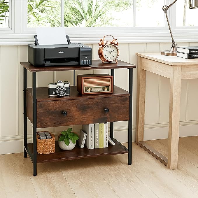 27 Inch Wide Night Stand with Charging Station, Wood Nightstand with Open Shelf, Large Drawer Bedside Table for Living Room/Bedroom/Office (Retro Brown)