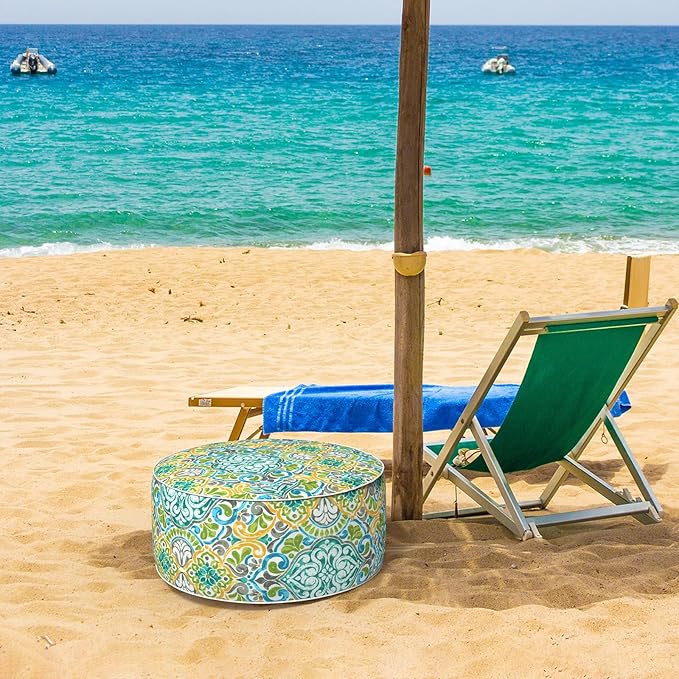 Inflatable Ottoman Stool D21 xH9 for Outdoor/Indoor Use, Water Repellent Patio Foot Rest Stool with Portable Handle,Round Pouf Ottoman Suitable for Garden,Deck and Camping - Damask Green