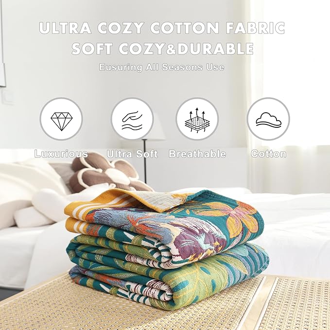 MSGKV Cotton Bed Blanket for Couch and Sofa Blankets for Living Room Bedroom Reversable Florals Throw 80"x90" Breathable Cozy Boho Blankets