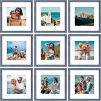 Vittanly 12x12 Picture Frames Set of 9, Shatter Resistant Plexiglass, Display 8x8 Pictures with Mat or 12x12 without Mat, Photo Frames for Wall Mount, Engineered Wood, Navy