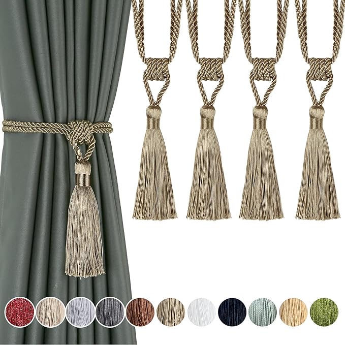Fenghuangwu Curtain Tiebacks Tassel Tie-Backs, Rope Curtain tie Backs Handmade Curtain Holdbacks Made from Polyester (flaxen, 4p)