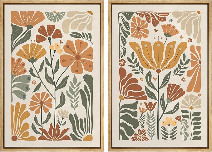 SIGNFORD Framed Canvas Print Wall Art Set Vintage Flower in Pastel Illustration Modern Art Decorative Nordic Nature for Living Room, Bedroom, Office - 16"x24"x2 Natural