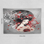 Japanese Geisha Tapestry Asian Red Cherry Blossom Red Sun Traditional Kimono Folk Tapestries Home Decor for Living Room Bedroom Apartment Farmhouse Dorm 90"x60"