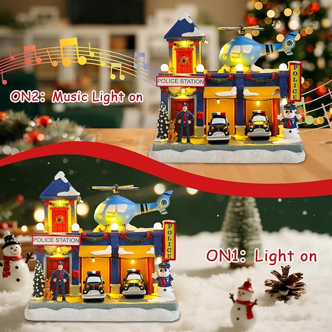 VCUTEKA Animated Christmas Village Houses, Lighted Musical Police Station Scene with Helicopter, Patrol Car, Dog, Victorian Xmas Village Collectible Building for Holiday Home Table Display Décor