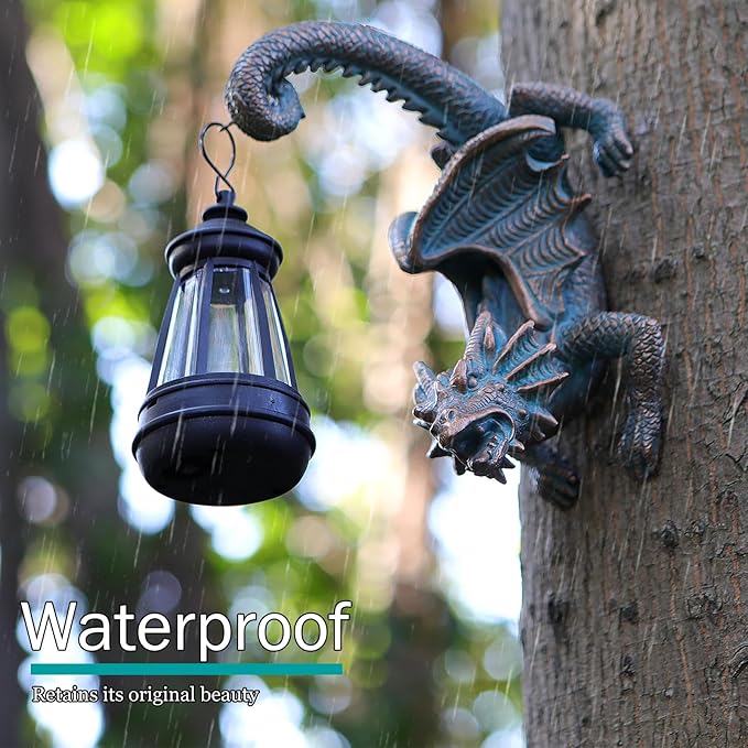 Solar Dragon Tree Hugger Statue Wall Decor - Gothic Garden Statue with Solar Lantern, Outdoor&Yard Decor, Fantasy Dragon Figurine for Trees, Walls, or Fences - Unique for Men & Women